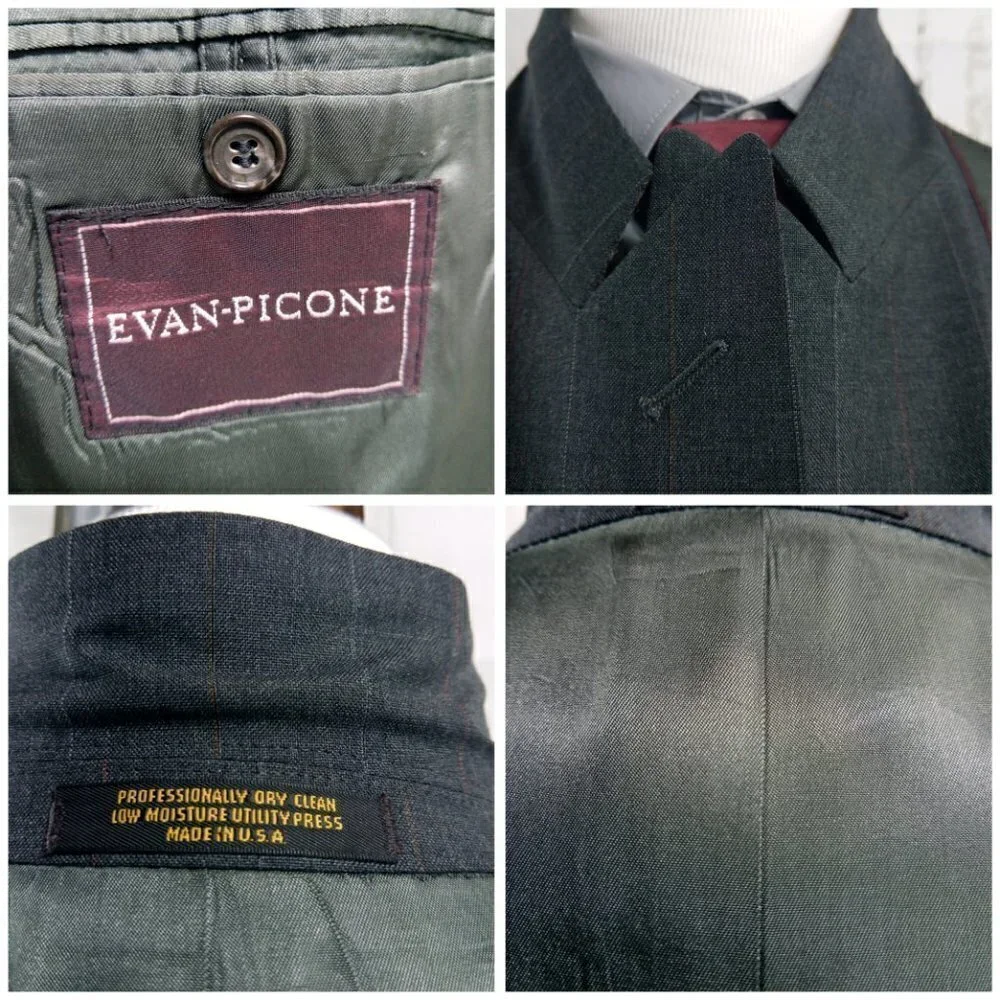 Evan Picone 41R 2 Button Double Breasted Dk Gray Striped Suit Blazer Sport Coat